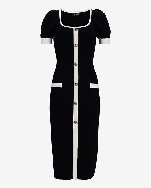 Scoop Neck Puff Sleeve Novelty Button Tipped Midi Sweater Dress | Express