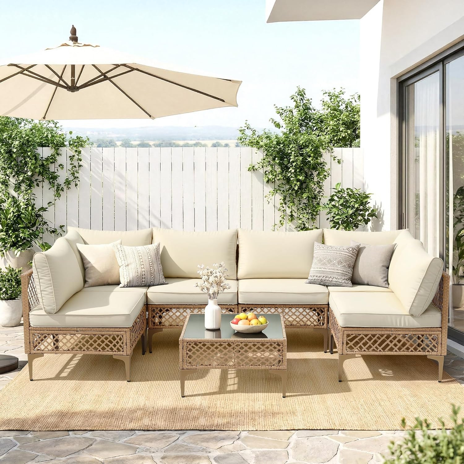 FHFO 7 Piece Patio Furniture Set, Outdoor Wicker Modular Sectional Patio Conversation Set with Th... | Amazon (US)