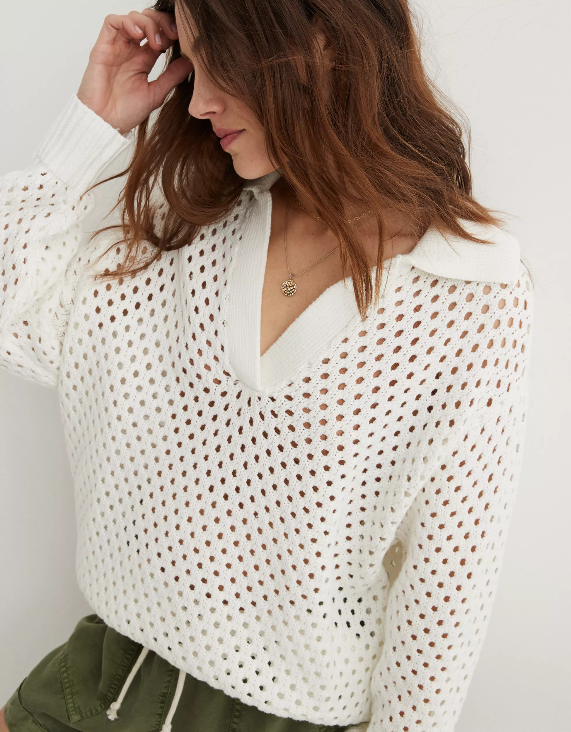 Aerie Open Knit Polo Sweater | Aerie