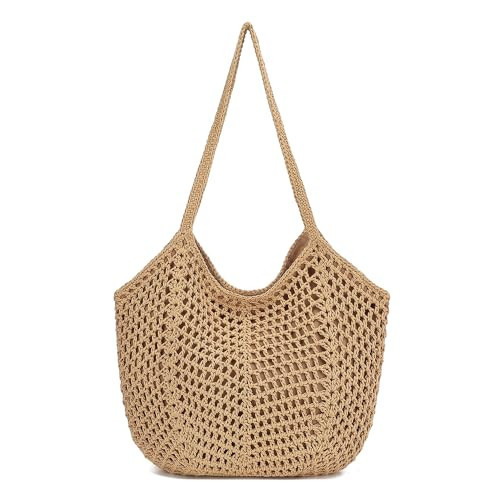 Crochet Tote Bag for Women Soft Summer Purse Beach Tote Bag Cute Handbag for Vacation, Work & Pool (Brown) | Amazon (US)
