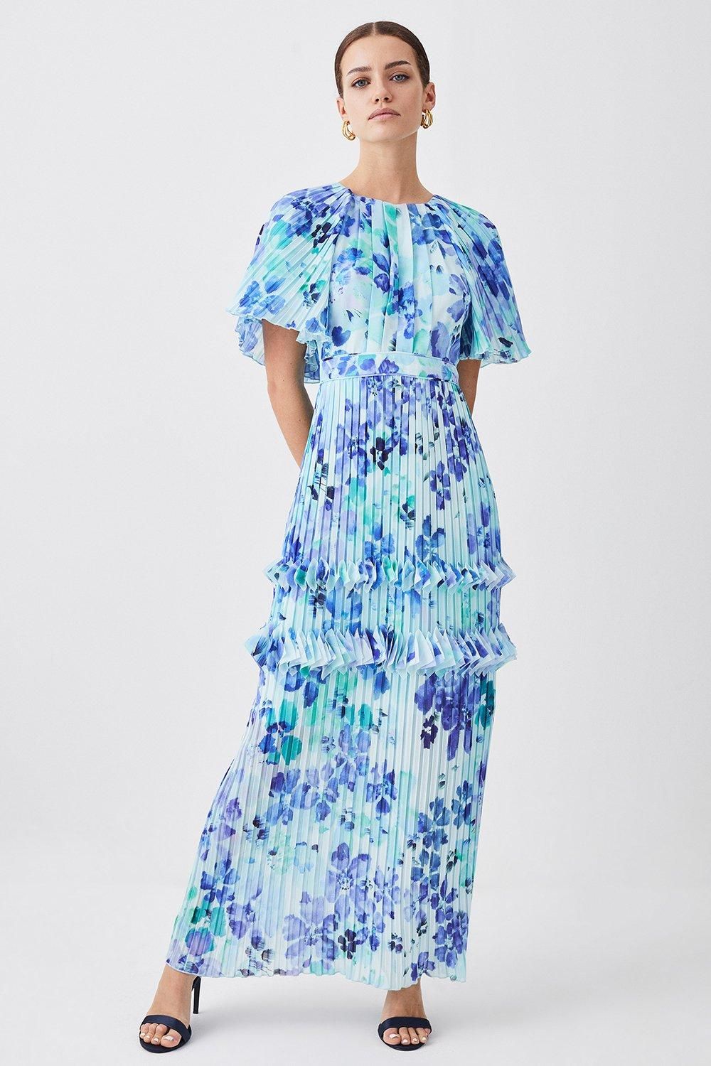 Petite Pleat Detail Petal Print Woven Midaxi Dress | Karen Millen US