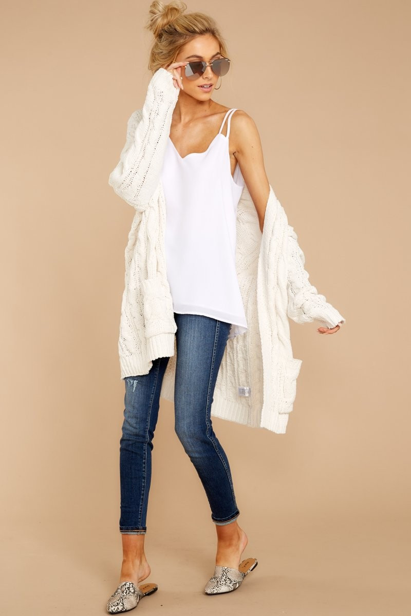 Cozy Thoughts White Cardigan | Red Dress 