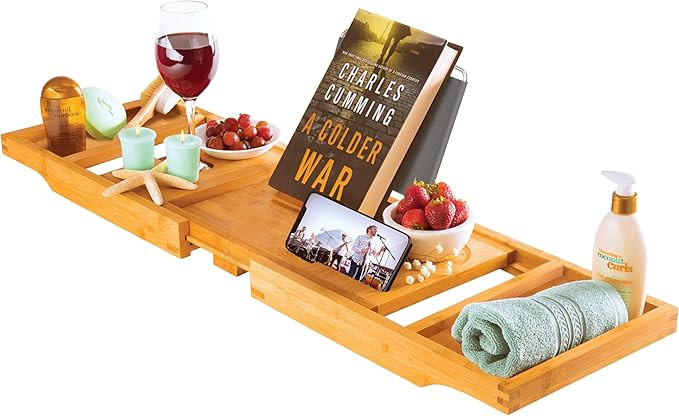 Wooden Bathtub Tray - Foldable & Expandable Bamboo Bath Tray for Tub with Wine Holder, Book & Tab... | Amazon (US)