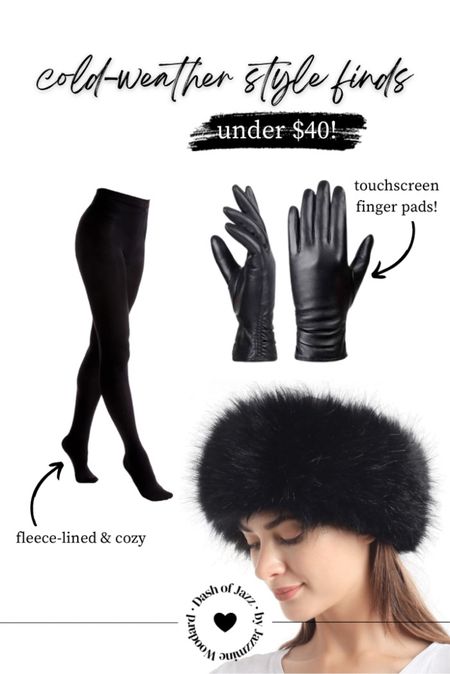 Touchscreen friendly leather gloves, chi faux fur headband, warm fleece tights!

#LTKunder50 #LTKSeasonal
