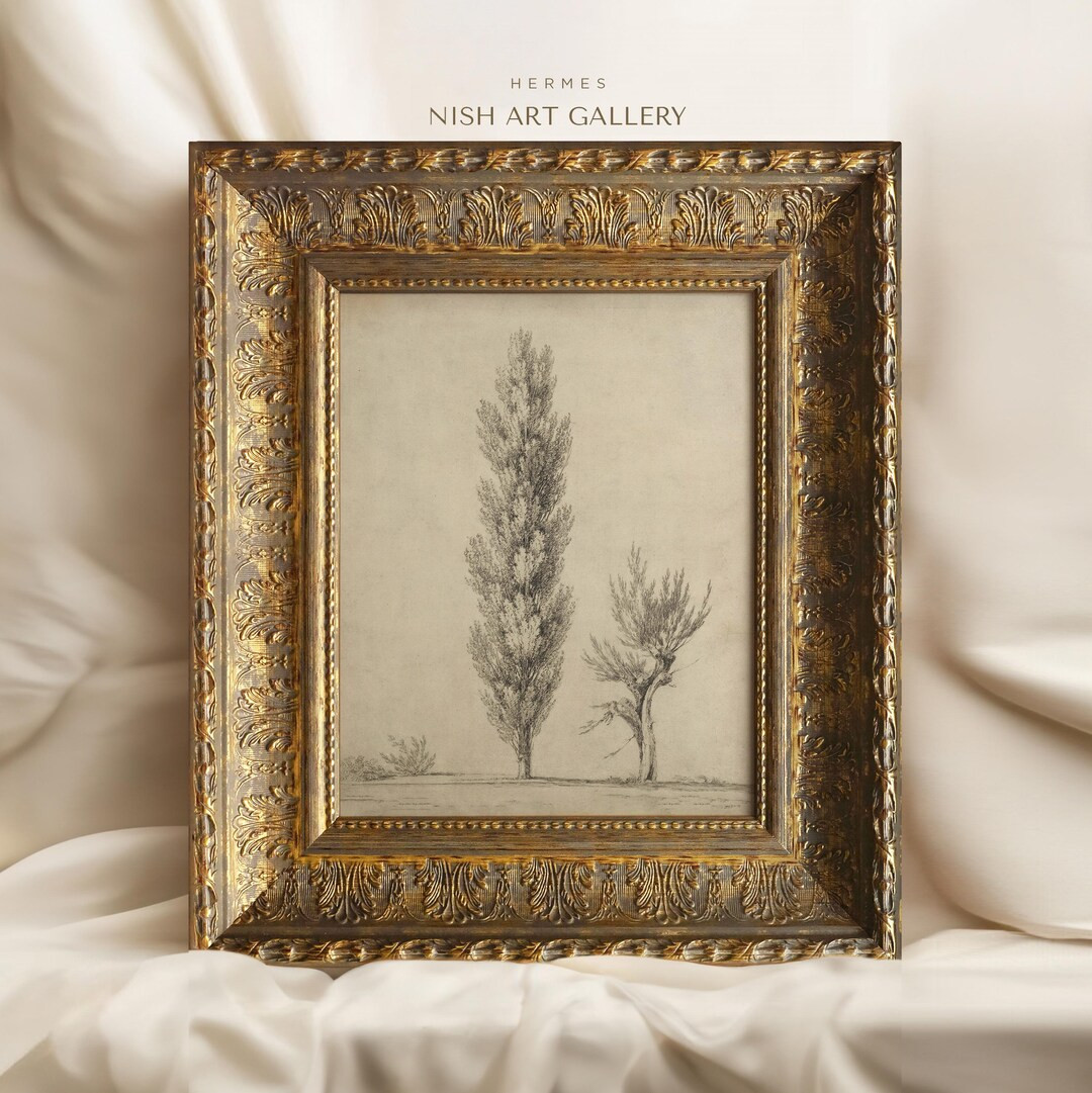 Vintage Art Framed | Beige Tree Drawing Print | Antique Tree Etching Wall Art | Rustic Neutral Sk... | Etsy (US)