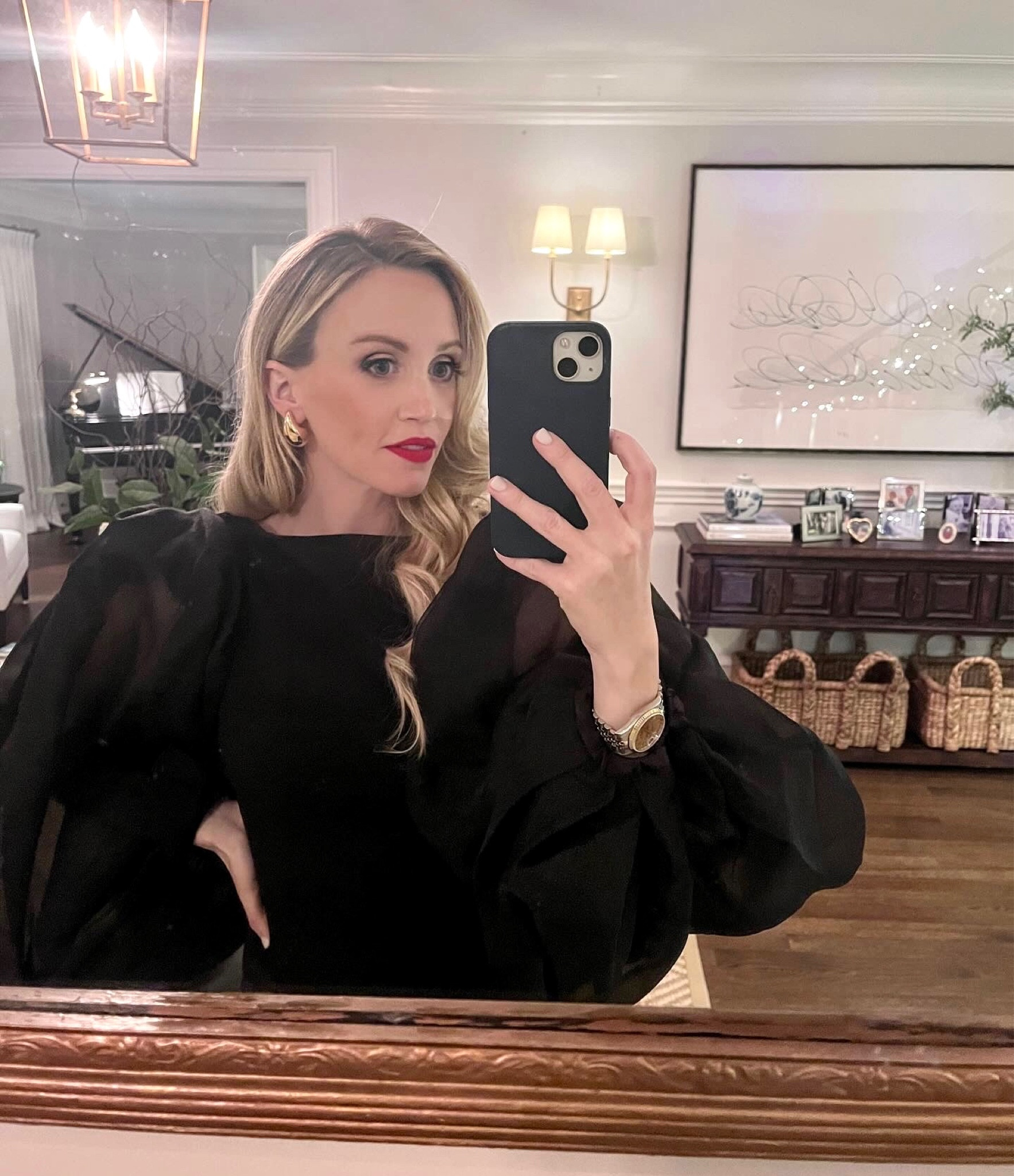 Holiday glam ✨ black gown & gold drop earrings 