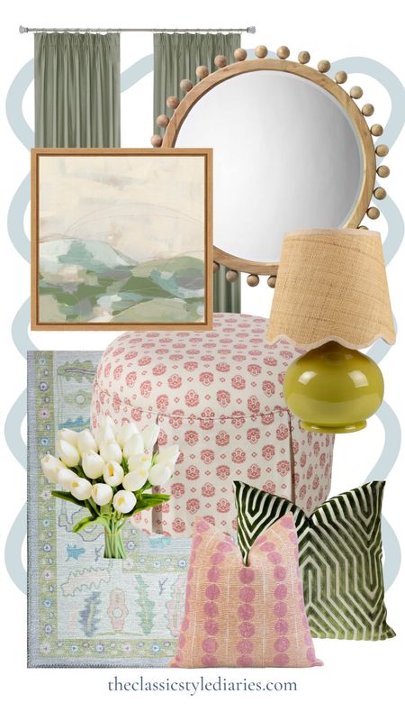 Pink and green home decor finds 💗 wood beaded mirror, olive green lamp, faux tulips from Amazon, oushak rug for a good price, patterned ottoman and more goodness! 

#LTKsalealert #LTKhome #LTKfindsunder100