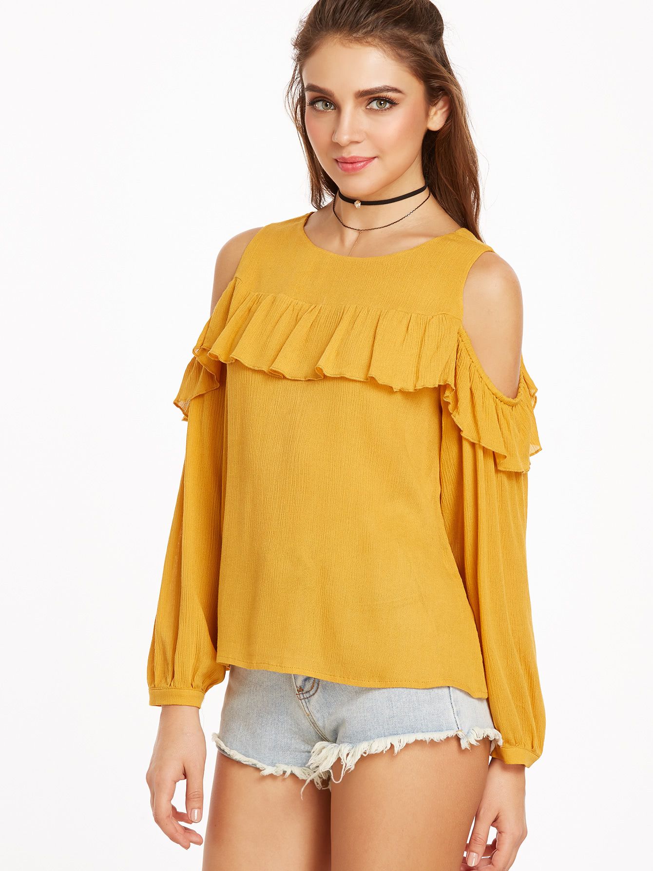 Yellow Cold Shoulder Ruffle Trim Buttoned Cuff Crinkle Top | SHEIN