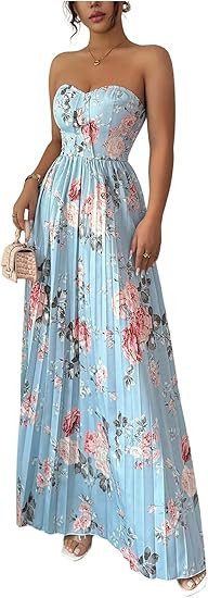 OYOANGLE Women's Summer Floral Wedding Guest Dress Jacquard Tube Sleeveless Pleated A Line Cockta... | Amazon (US)