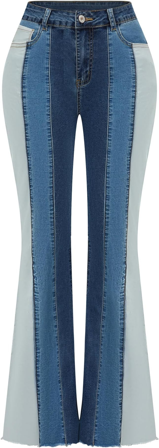 THUNDER STAR Women Patchwork Flare Jeans Stretch High Waisted Bell Bottom Raw Hem Denim Pants | Amazon (US)