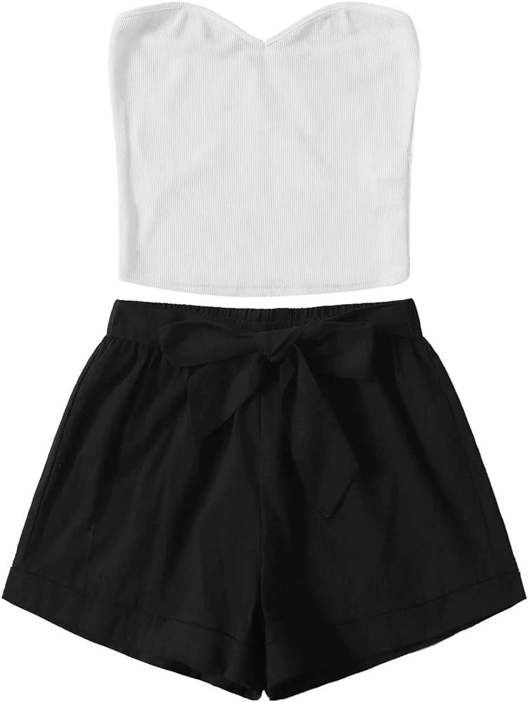 Floerns Women's 2 Piece Outfit Summer Plain Tube Crop Top with Shorts | Amazon (US)