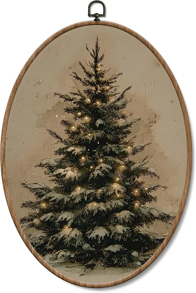 Yorhifa Vintage Christmas Tree Framed Wall Art, Winter Rustic Pine Tree Oval Wall Art, Antique Wi... | Amazon (US)