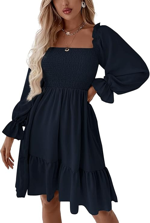 LYANER Women's Square Neck Lantern Long Sleeve Ruffle Shirred Flowy Party Mini Dress | Amazon (US)