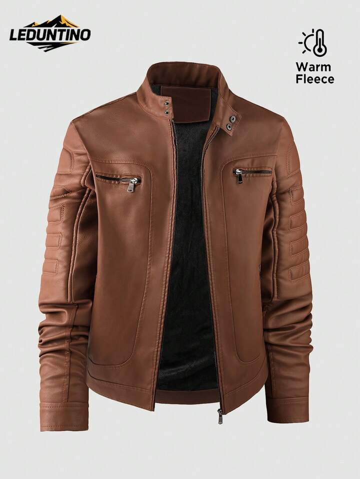 LEDUNTINO Men Fashion Zip Up Casual Outdoor Fleece Leather Jacket, Sports, Solid, Bomber, Boyfriend Gift, Men's Winter Fall Windbreaker Leather Jacket, Stand Collar, Double Button, Motorcycle, Leather Jacket Winter Fall Top Men | SHEIN