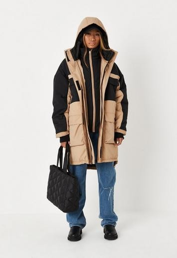 Missguided - Stone Colorblock Padded Pocket Detail Puffer Coat | Missguided (US & CA)