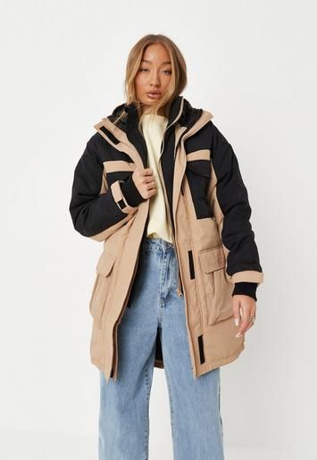 Missguided - Stone Colorblock Padded Pocket Detail Puffer Coat | Missguided (US & CA)