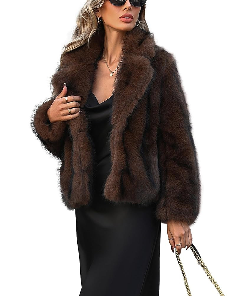 Women's Winter Faux Fur Coat Open Front Pockets Long Sleeve Fluffy Jacket | Amazon (US)
