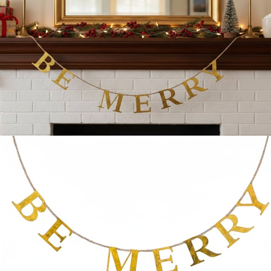 Yerliker Be Merry Brass Finish Metal Garlands Christmas Gold Glitter Banner with Lanyard Xmas Ind... | Amazon (US)