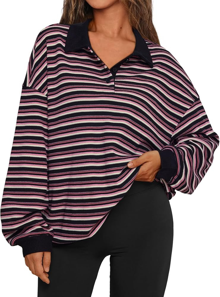 Trendy Queen Women's Oversized Striped Polo Sweatshirt | Amazon (US)
