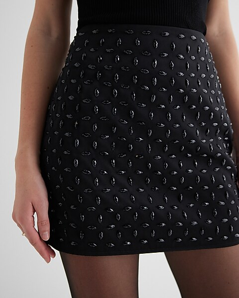 High Waisted Satin Rhinestone Studded Mini Skirt | Express