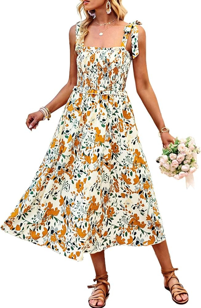 TcIFE Women's Summer Casual Boho Dresses Spaghetti Tie Strap Square Neck Shirred Ruffle Flowy Flo... | Amazon (CA)