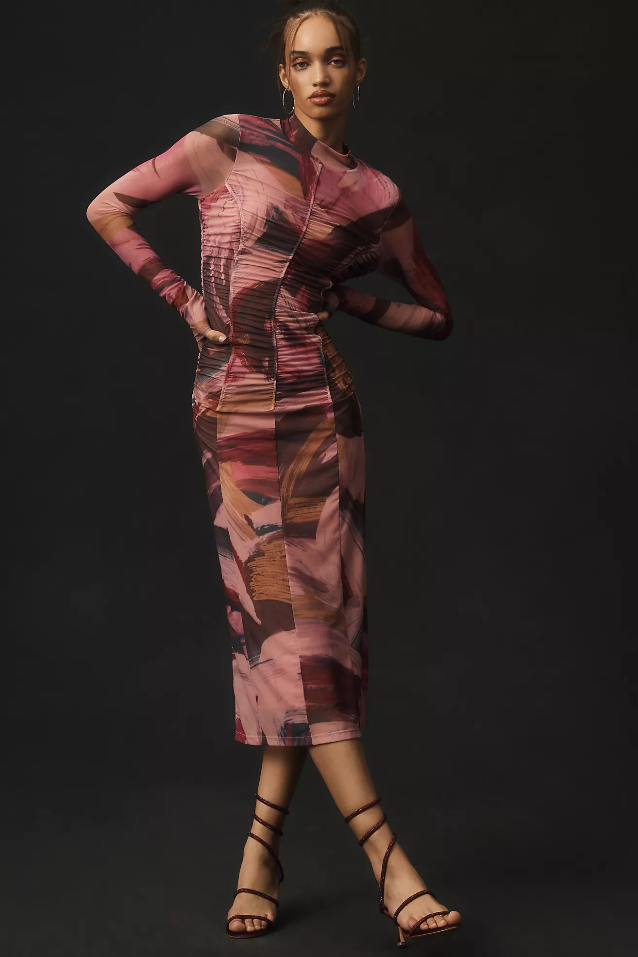 By Anthropologie Long-Sleeve Printed Mesh Midi Dress | Anthropologie (US)