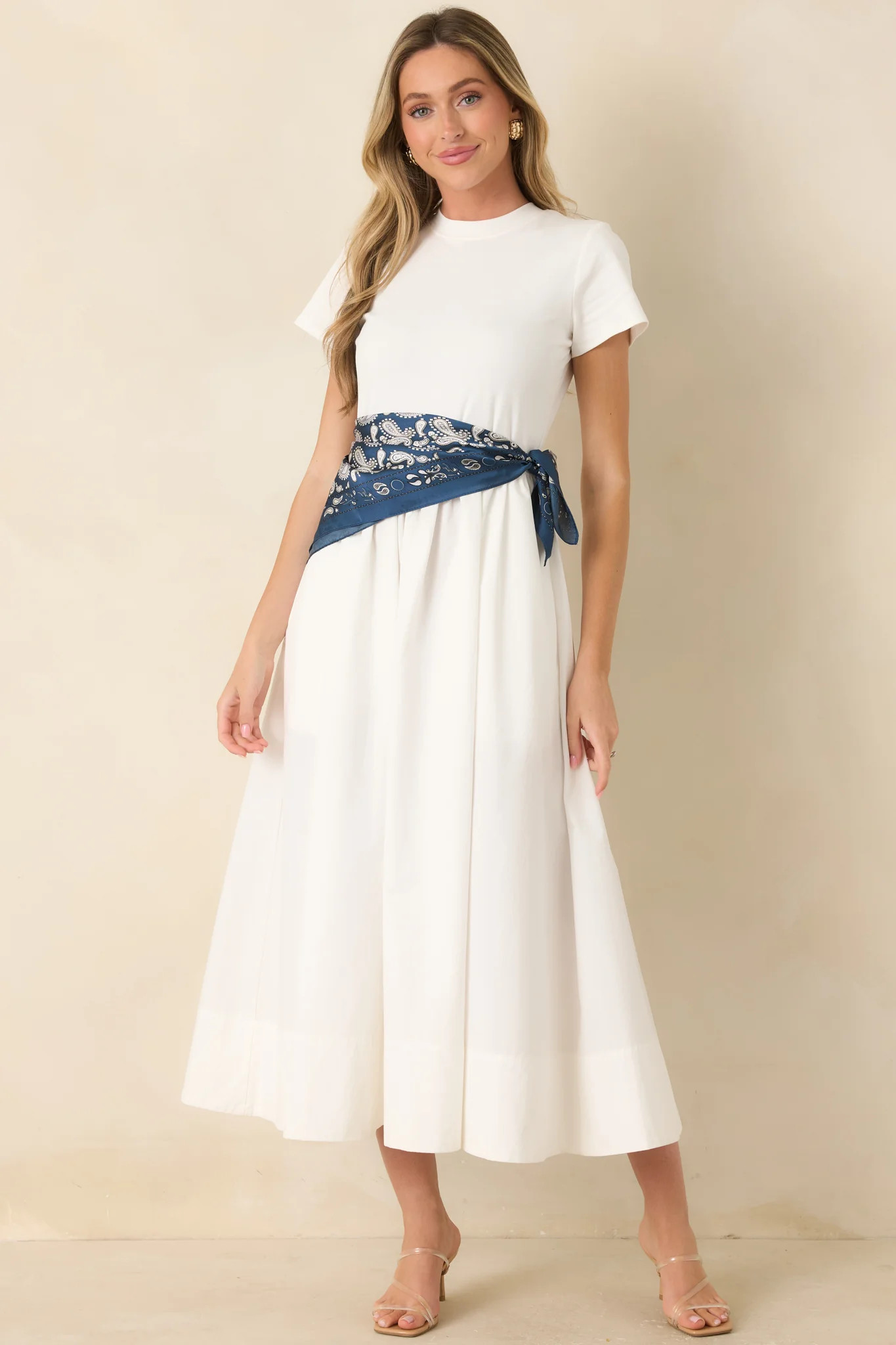 Prosperina Aria White Cotton Short Sleeve Midi Dress | Red Dress