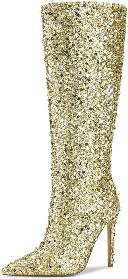wetkiss Sequins Knee High Boots Women Pointed Toe Stiletto Heel Bling Long Boots Tall Boots Spark... | Amazon (US)