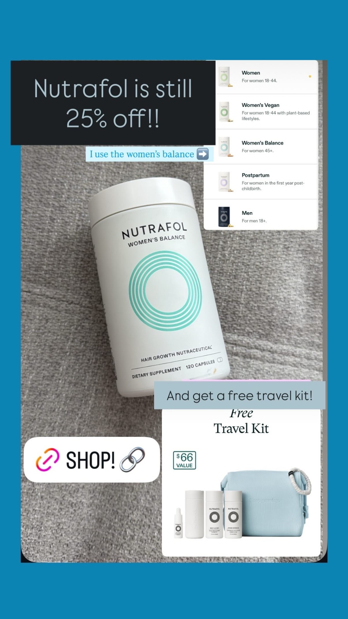 Nutrafol is 25% off plus get a free travel kit with order! I use the Women’s Balance. Hair growth. Peri-menopause  

#LTKSaleAlert #LTKOver40 #LTKBeauty