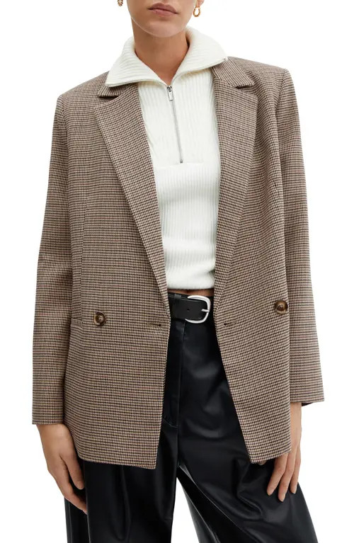 MANGO Charlotte Houndstooth Double Breasted Blazer in Brown at Nordstrom, Size X-Small | Nordstrom