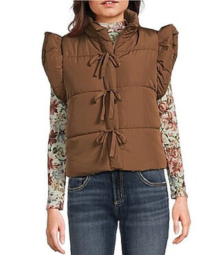 Blu Pepper Flutter Sleeve Bow Detail Zip-Up Puffer Vest - L | Dillard's