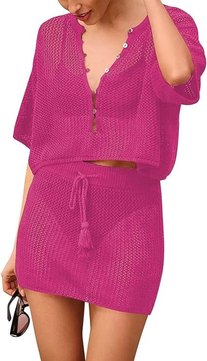 Pink Queen 2 Piece Crochet Swimsuit Cover Ups for Women Hollow Out Knitted Bathing Suit Coverup B... | Amazon (US)
