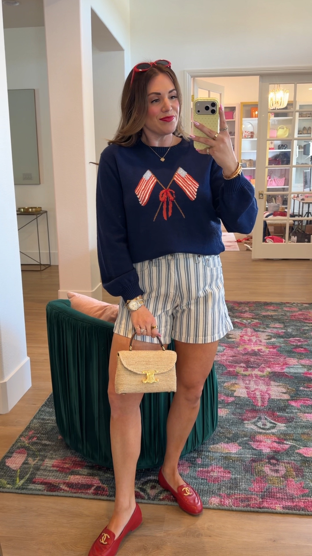 curvy midsize red white and blue look for the 4th of July! ❤️🤍💙 wearing size large in bow flag sweater (comes in mini size too!) and size 30 in striped blue denim shorts

#LTKSeasonal #LTKMidsize