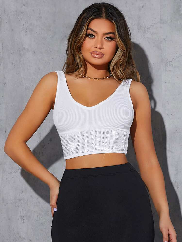 SHEIN SXY Ribbed Knit Rhinestone Detail Crop Tank Top | SHEIN