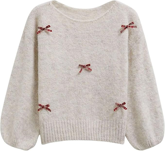 CHICWISH Women Plaid Bow Embellished Knit Sweater Crewneck Puff Sleeve Casual Fuzzy Holiday Party... | Amazon (US)