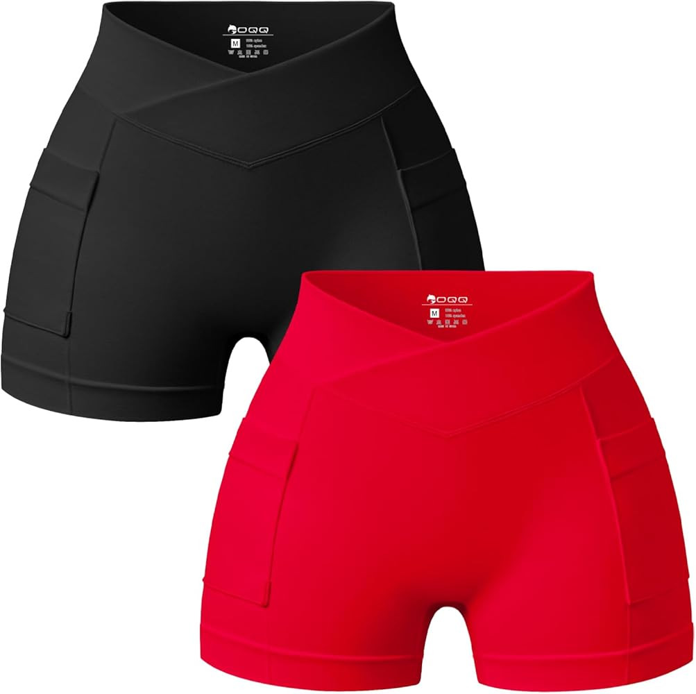 OQQ Women's High Waist Yoga Shorts Mini Shorts with Pockets 2-Pack Athletic Workout Shorts | Amazon (US)