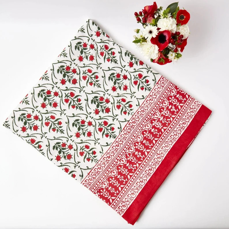 Christmas Garland Tablecloth, Holiday Tablecloth, Block Printed Tablecloth, Indian Table Linen, F... | Etsy (US)