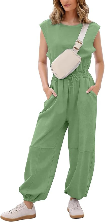Flygo Womens Casual Jumpsuit Crewneck Cap Sleeve Long Wide Leg Pants One Piece Outfits Drawstring... | Amazon (US)