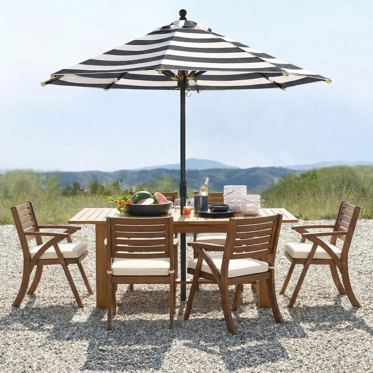 Brizio Wood Premium All-Weather Wicker Outdoor Dining Armchair with Cushion (Set of 2) | Wayfair North America
