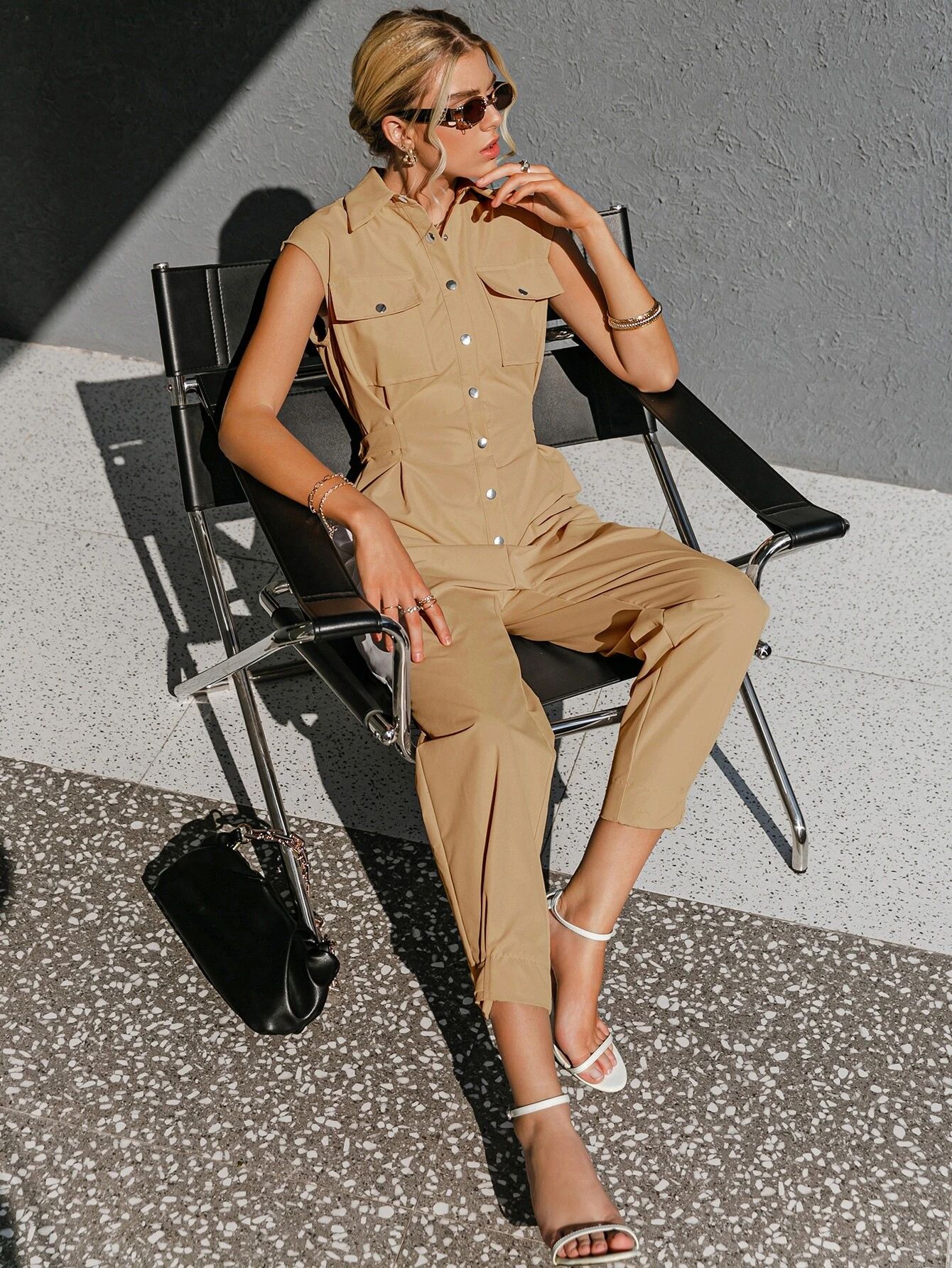 Sollinarry Flap Pocket Button Front Cropped Jumpsuit | SHEIN