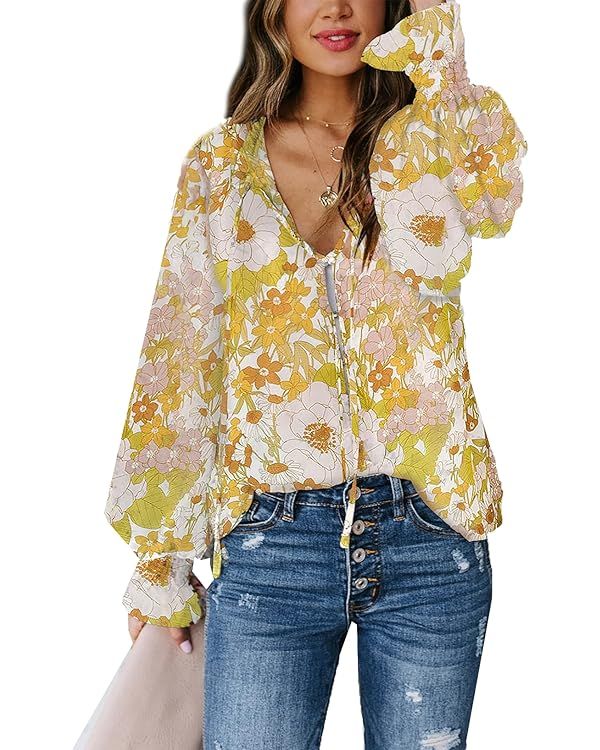 SHEWIN Women's Casual Boho Floral Print V Neck Long Sleeve Drawstring Tops Loose Blouses Button D... | Amazon (US)