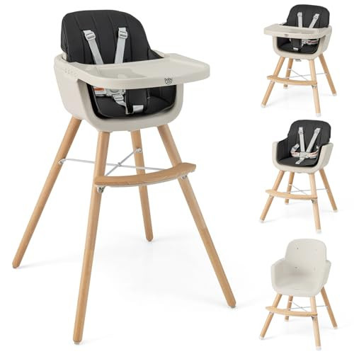 BABY JOY Baby High Chair, 3-in-1 Convertible Wooden Highchair for Babies & Toddlers, Infant Feeding Chair w/ 5-Point Safety Harness, Footrest, Adjustable Legs, Removable Tray & PU Cushion (Black) | Amazon (US)