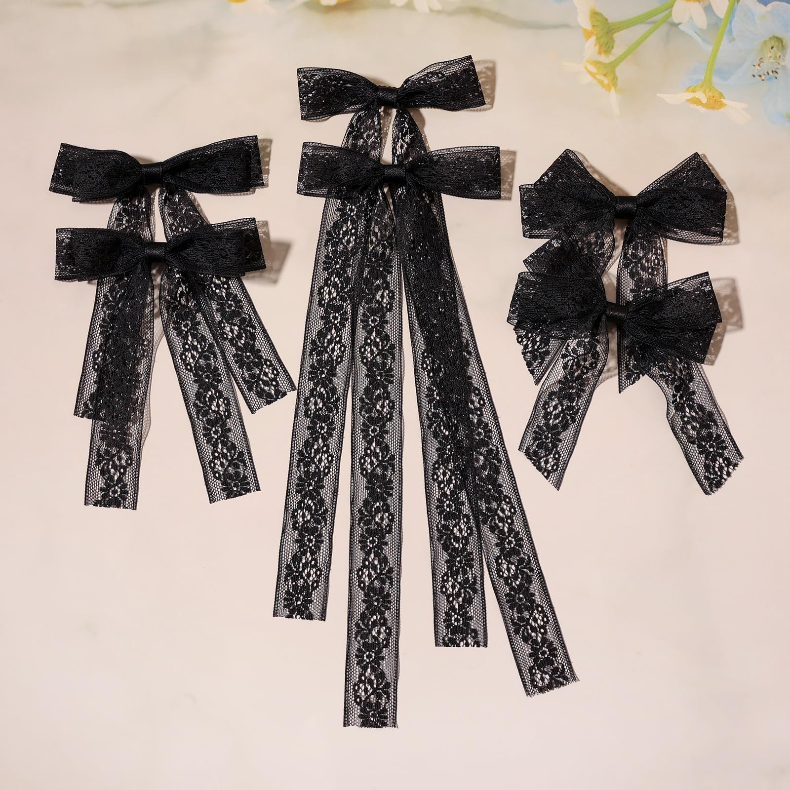 Hair Clip Bows for Women and Girls, 6Pcs Black Lace Tulle Bows with Long Tail Ribbon, Metal Bow Hair Clips, Bowknots Tassel Hair Barrettes | Amazon (US)