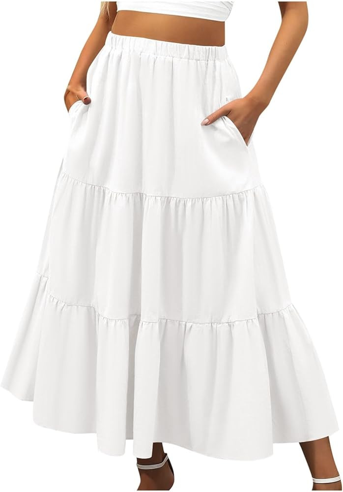 2024 Women's Summer Boho Elastic Waist A-Line Beach Flowy Swing Ruffle Hem Tiered Maxi Skirt with... | Amazon (US)