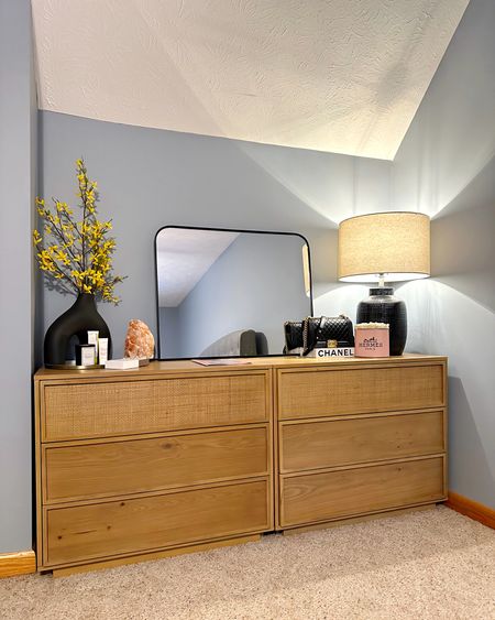 Two dressers combined to fill up this nook! Instant vanity/catch-all console in the bedroom. Removed the legs to get this height. Also used these as nightstands before and they gave us all the storage options! Highly recommend! #competition

#LTKFind #LTKhome