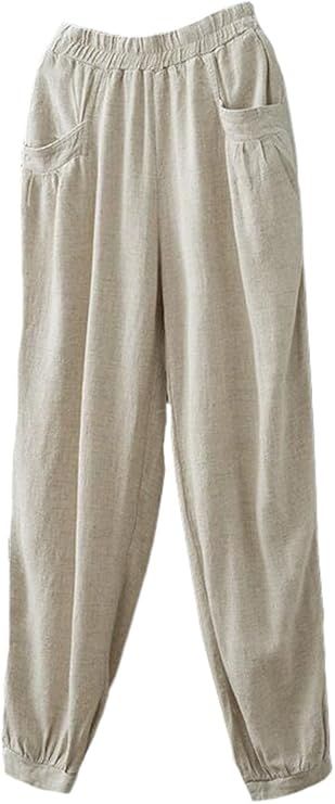 Minibee Women's Cotton Linen Tapered Cropped Pants Elastic Waist Trousers | Amazon (US)