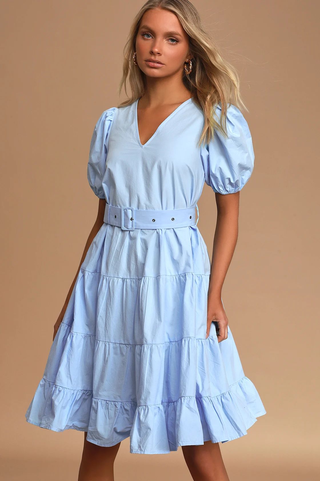 Ruby Light Blue Puff Sleeve Belted Tiered Midi Dress | Lulus