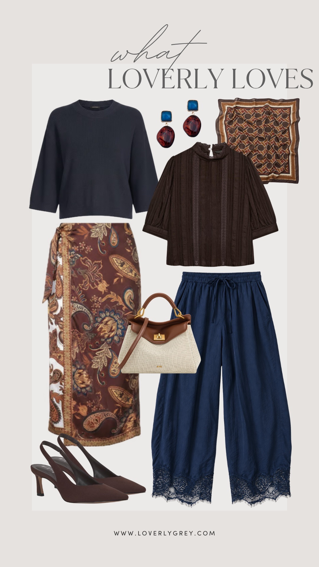 Can't get enough of blue and brown this Fall! I have been loving satin and lace pieces as well! Love these pieces to mix and match.

Loverly grey, what loverly loves, dillard's fall fashion finds, zara, navy blue satin lace pants, brown suede heel, pattern midi skirt for fall 

 #LTKootd #LTKSeasonal #LTKWorkwear