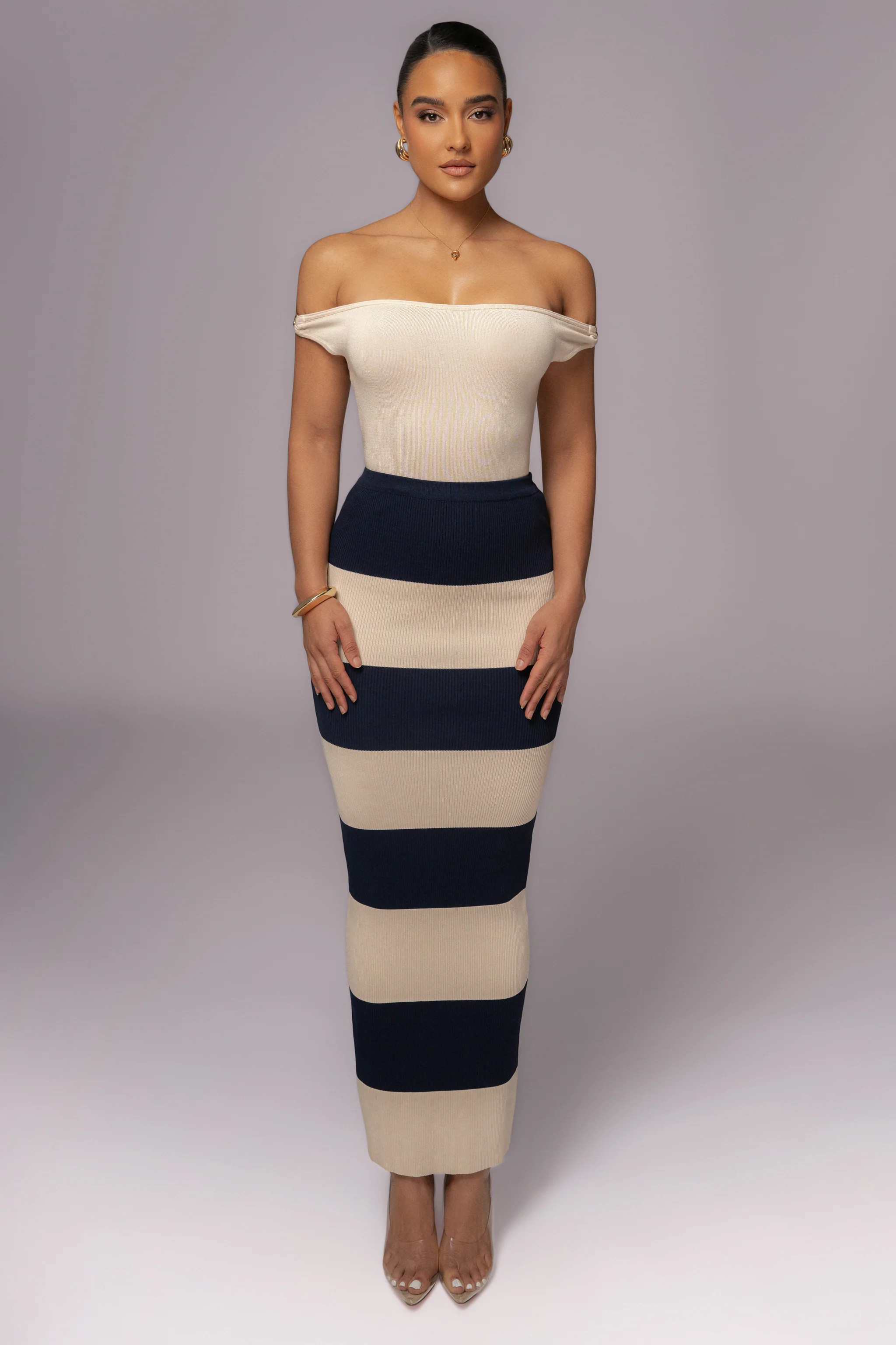 Ivory/Navy Jaide Maxi Knit Skirt | JLUXLABEL