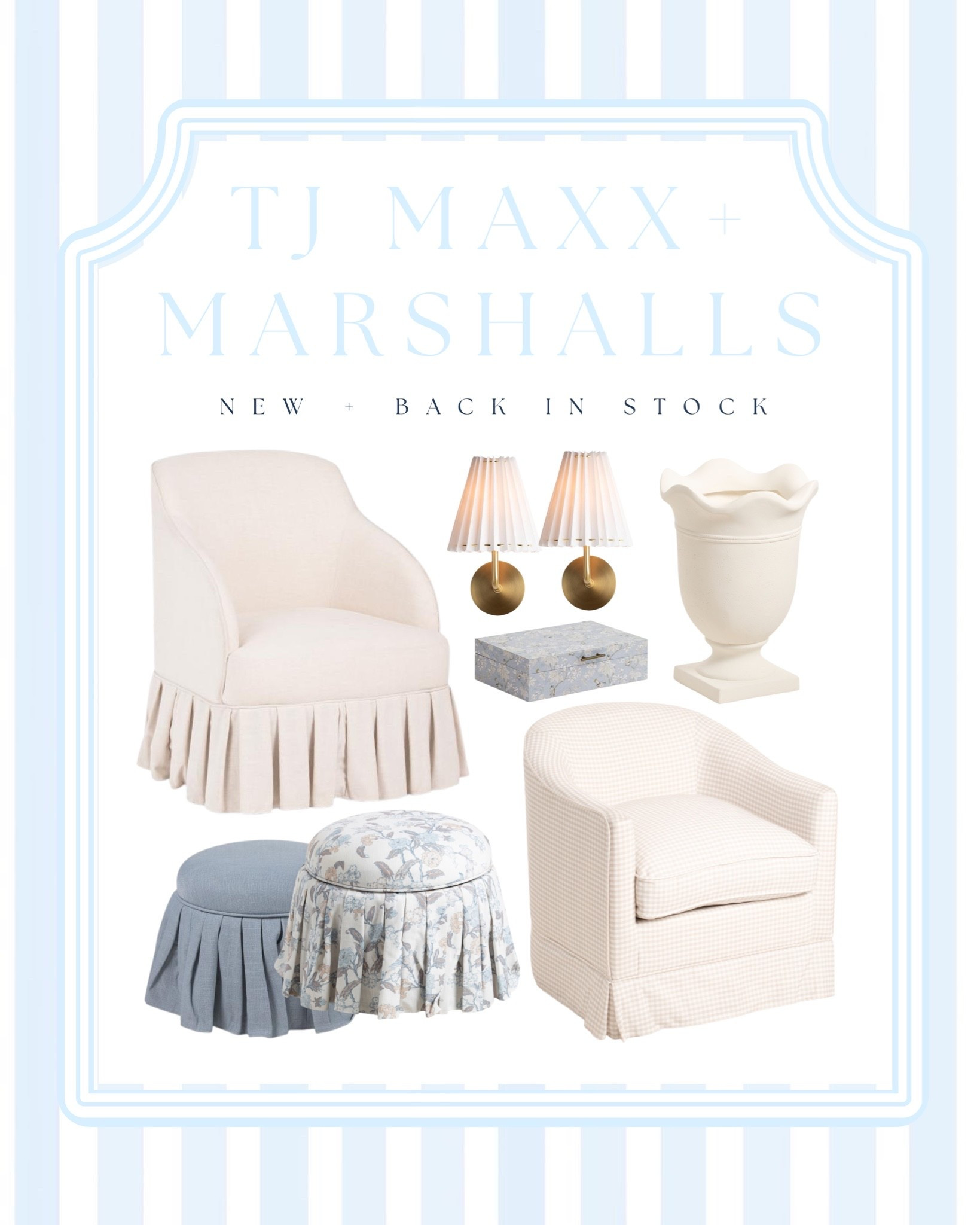 New Nancy Meyers style home decor and furniture finds from TJ Maxx & Marshalls! 

If you love the designer look for less, don't miss these new and back-in-stock TJ Maxx and Marshalls home finds available online! From beautiful skirted accent chairs, tufted benches, gingham seating, and blue floral ottomans to elegant table lamps, decorative urns, and chic storage boxes, these affordable finds are perfect for creating a timeless, traditional coastal home.

TJ Maxx home finds, Marshalls home decor, designer look for less, coastal home decor, modern coastal style, Nancy Meyers aesthetic, grandmillennial decor, blue and white decor, skirted furniture, accent chair, tufted bench, home decor finds, affordable home decor, luxury home dupes, cottage style decor, traditional home decor, home styling inspiration.

@TJ Maxx @Marshalls

#LTKHome #LTKSaleAlert